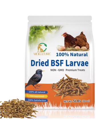 MEILLEURE Dried Black Soldier Fly Larvae for Chickens, 85X More Calcium Than Dried Mealworms, Non-GMO 100% Natural BSF Larvae Chicken Treat for Hens Lizard Ducks Reptiles Turtles Wildbirds Gekcos 5 LBS