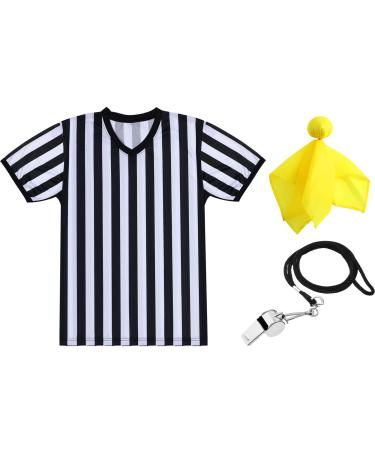 SATINIOR Men's Official Uniform Black and White Stripe Pro-Style V-Neck Referee Shirt, Officiating Umpire Jersey and Stainless Steel Whistle with Lanyard for Basketball Football Soccer 3X-Large
