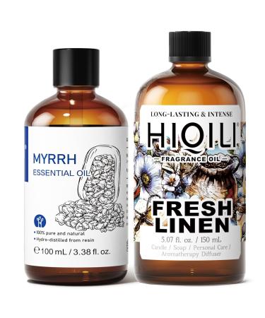 HIQILI 100ML Myrrh Essential Oil & 150ML Fresh Linen Fragrance Oil for DIY Diffuser