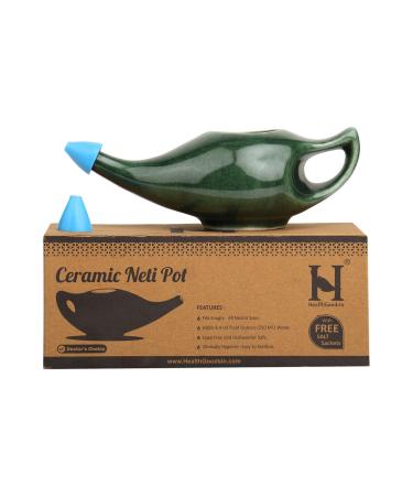 HealthGoodsIn Ceramic Neti Pot Premium Handcrafted Durable Dishwasher Safe with 2 Silicone Nozzle Tip 225 Ml. (7.6 FL Oz) Capacity (Green Crackle)