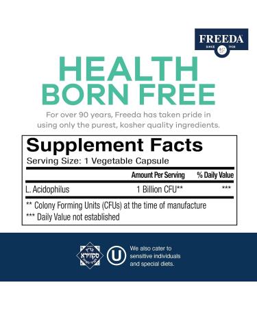 FREEDA Acidophilus Probiotic 1 Billion CFU Lactobacillus Acidophilus for Women & Men Gut Health & Digestive Support Vegan Kosher Non-GMO Shelf-Stable Supplement (100 Capsules) 100 Count (Pack of 1) - Buy Online on GoSupps.com