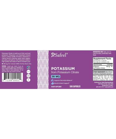 Safrel | Potassium Citrate Capsules | 500 mg Potassium Citrate + 99 mg Potassium | 500 Servings | Electrolyte Balance Support | Vegan Non-GMO | Gluten Free Halal - Buy Online on GoSupps.com