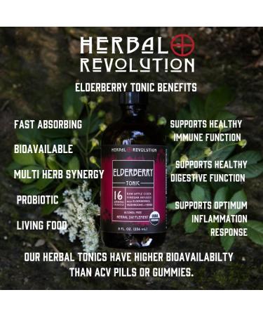 Herbal Revolution Elderberry Tonic - Certified Organic Non-GMO Apple Cider Vinegar Infused with Cinnamon Bark Raw Honey Ginger & More - Made Using Regenerative Farming Practices - 8 Oz - Buy Online on GoSupps.com