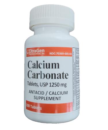 Calcium Carbonate Tablets USP 1250 mg for Relief of Acid Indigestion Heartburn Sour Stomach Upset Stomach and as Calcium Supplement 100 Tablets per Bottle by CitraGen Pharmaceuticals Inc