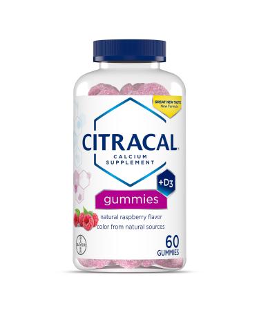 Citracal Calcium Gummies Calcium Supplement with Vitamin D3 Support Bone Health for Ages 12+ Natural Raspberry Flavor 60 Count Raspberry 60 Count (Pack of 1)