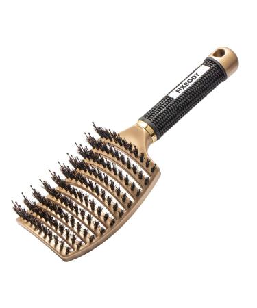 FIXBODY Boar Bristle Hair Brush - Curved & Vented & Oversize Design Detangling Hair Brush for Women Long  Thick  Curly and Tangled Hair Blow Drying Brush (Gold)