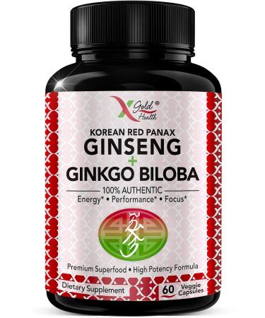 Korean Red Panax Ginseng 1200mg + Ginkgo Biloba - Extra Strength Root Extract Powder Supplement w/High Ginsenosides Vegan Capsules for Energy, Performance & Focus Pills for Men & Women 60 Count (Pack of 1)