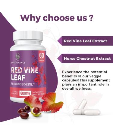 SUSTAINANCE Red Vine Leaf & Horse Chestnut Extract Capsules - 60 Vegetarian Capsules for Leg Vein, Heart, and Skin Support - Buy Online on GoSupps.com
