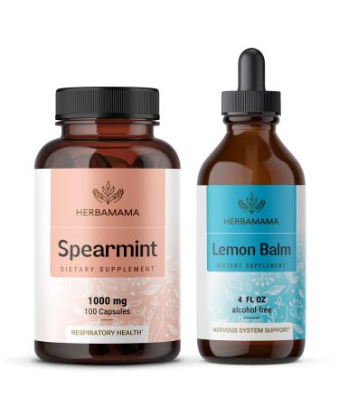 HERBAMAMA Spearmint and Lemon Balm Kit - Bundle of Speamint Leaf Capsules & Lemon Balm Tincture 4 fl oz - Vegan Non-GMO Sugar & Alcohol-Free - 2 Pack