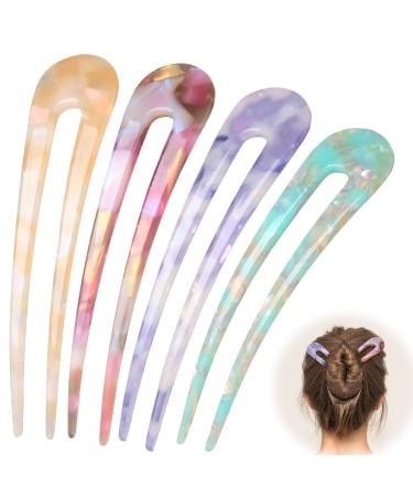 French Hair Pins Clips Forks Sticks Accessories for Women Girls Thin Thick Hair Tortoise Shell Large U Shaped Hairpins 4.6 inch Classic Cellulose Acetate 2 Prong Buns for Long Hair 4 Pack color B