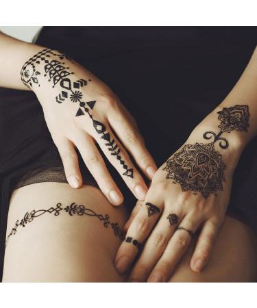 Black Henna Temporary Tattoos Set - Sexy Lace, Indian Mandala, Elephant, Flower Chain Designs - Waterproof Body, Arm, Face Decals for Wedding Party - 6 Sheets - Buy Online on GoSupps.com
