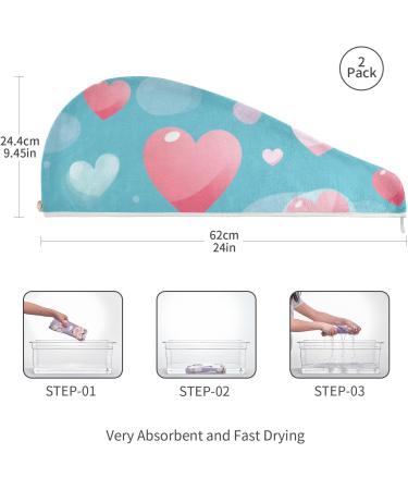 Pink Love Heart Blue Hair Towel 2 Pack - Super Absorbent Quick Dry Turbans for Women & Girls - Buy Online on GoSupps.com