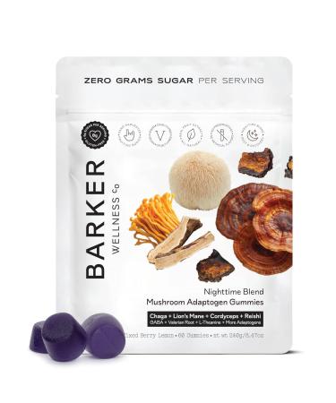 Barker Wellness Nighttime Vegan Sugar-Free Adaptogen Mushroom Gummies Reishi, Lion's Mane, Chaga, Cordyceps for Calm, Rest & Recovery Non-GMO Sleep Support & Relaxation Supplement, 60 Count Nighttime Gummies