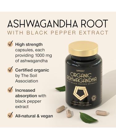 Organic Ashwagandha High Strength - 1000mg Ashwaganda 120 Capsules - Natural Support for Calm & Balance - Pure Root Powder with Black Pepper - Enhanced Absorption - Soil Association Organic Certified 120 count (Pack of 1) - Buy Online on GoSupps.com
