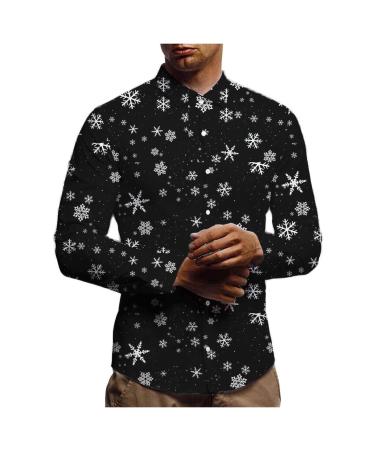 Mens Christmas Shirts Slim Fit Casual Long Sleeve Button Down Lapel Tops Winter Fashion Snowflake Printed Blouse X-Large Black