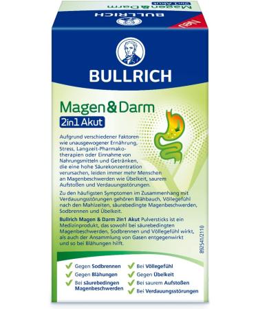 Bullrich Stomach & Darm 2in1 Akut - Vegan Relief for Heartburn & Flatulence | 12 Powder Sticks | Ideal for Travel - Buy Online on GoSupps.com