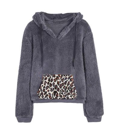 Bigfanshu Womens Sweaters Winter Warm Long Sleeve Stitching Leopard Plush Blouse Coat Sweater Gray