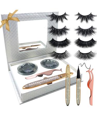 Eyelashes Eyeliner Kit 2020 Upgraded Self-Adhesive False Lashes 4 Pairs Long Dramatic Mink Lashes Wispy Lashes Self-adhesive Eyeliner-No Glue No Magnet Needed False Lashes Tweezers (Diamond Silver)