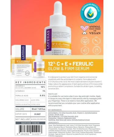 Lap ras 12% Vitamin C E Ferulic Acid Glow and Firm Face Serum Anti Dark Spot Smoothing and Brightening Moisturizing 30 ml - Buy Online on GoSupps.com
