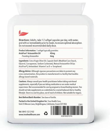 High Strength AstaPure Astaxanthin Oil Supplement (42mg) - 120 Softgels - UK Made from Haematococcus Pluvialis - Buy Online on GoSupps.com