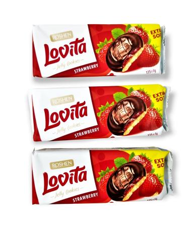 Roshen Lovita Jelly Cookies, Biscuits with Strawberry Flavored Jelly Filling 4.76 oz/135grams, Kosher, Pack of 3 Strawberry Pack of 3