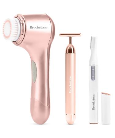 Brookstone 3-in-1 Rose Gold Facial Skin Care Set | Facial Skin Care Products Include Facial Cleansing Brush  T-Bar Face Massager and Facial Epilator | Perfect Gift