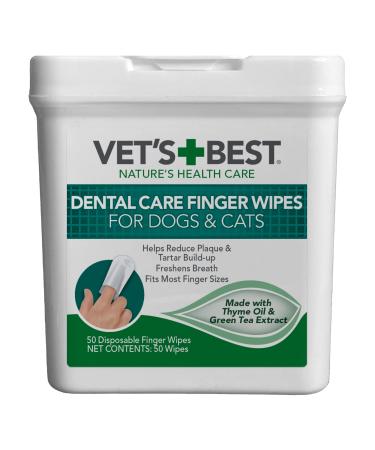 Vet's Best Dental Care Finger Wipes | Reduces Plaque & Freshens Breath | Teeth Cleaning Finger Wipes for Dogs & Cats | 50 Disposable Wipes