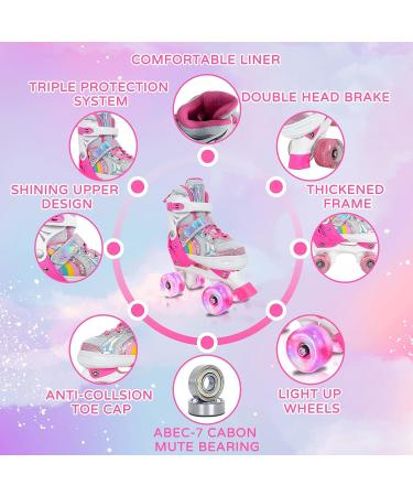 MammyGol Adjustable Roller Skates with Full Light Up Wheels for Girls | X-Small - Small - Medium Sizes | Ages 3-8 | Quad Skates in Rainbow Pink - Buy Online on GoSupps.com