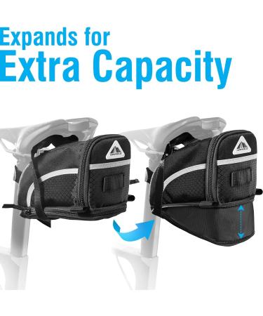 MARQUE Bike Saddle Bag - Expandable Under Seat Storage Pouch for Road, Mountain & Commuter Bikes - Easy to Install with Extra Wide Opening - Cyclist Gift - Buy Online on GoSupps.com