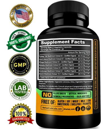 Organic Mushroom Supplement Extracts Capsules - Lions Mane, Cordyceps, Chaga, Reishi, Turkey Tail, Maitake, Shiitake - USA Made - Natural Vitamins, Minerals, Antioxidants - Buy Online on GoSupps.com