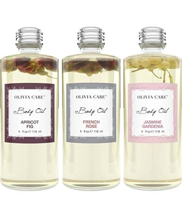 Olivia Care 3 Pack Body Oils Scents: Apricot Fig French Rose Jasmine Gardenia -All Natural Perfume Fragrance & Body Oil Moisturizer Rich in Vitamin E K & Omega fatty Acids