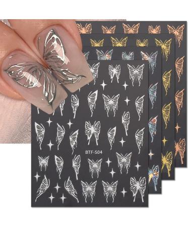 3D Butterfly Nail Art Stickers Bronzing Laser Butterfly Nail Stickers Punk Metallic Butterflies Star Nail Decals Butterfly Stickers for Nails Self Adhesive Sticker Nails for Women Nail Supplies 8pcs