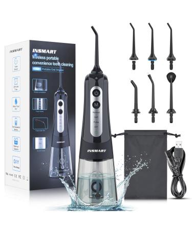 Water Flosser for Teeth Cordless INSMART Electric Water Dental Pick Portable Oral Irrigator 4 Modes & 6 Jet Tips 300ML Water Jet Tooth Cleaner Gentle on Gums Removes Plaque & Food Particles Black