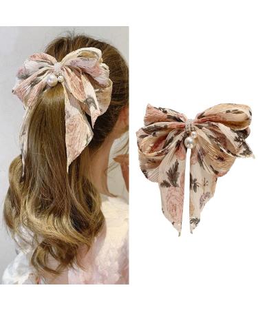 Hair Bows for Women & Girls |Elegant Floral Pleated Design with Pearl Pendant | Hair Bow  Barrettes & Clips | Long Tail - Beige | Versatile Accessories for Casual & Special Occasions | 1 PCS