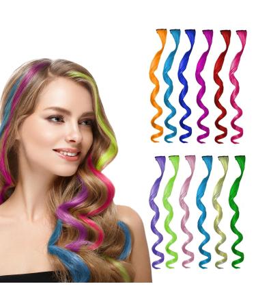 Women & girls colored hair extension clip colorful strands of hair accessories 50cm/20inch highlight clip in curly extensions synthetic hair part hair jewelry girl women 12 pieces