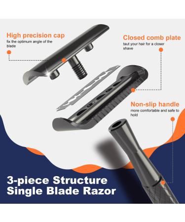 Premium Safety Razor for Men - Travel Essential Single Blade with 5 Platinum Coated Blades | Reusable Metal for Classic Wet Shaving - Gun Black - Buy Online on GoSupps.com