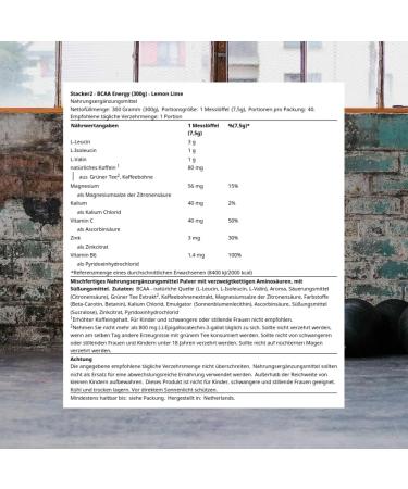 Stacker2 Europe BCAA Energy Lemon Lime with electrolyte and synergy ingredients 5 g BCAA in researchbased ratio 311 300 grams 40 servings no sugar - Buy Online on GoSupps.com