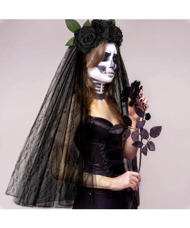 E-More Halloween Headband with Black Lace Veil Elastic Rose Flower Hair Band Black Roses Mesh Lace Hair Accessories Halloween Ghost Bride Party Headdress for Girls Ladies Women