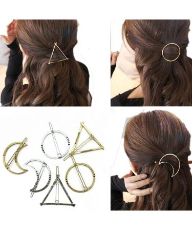 Cuhair 6pcs 4cm minimalist delicate hair clips in gold and silver geometric shapes: circle triangle and moon