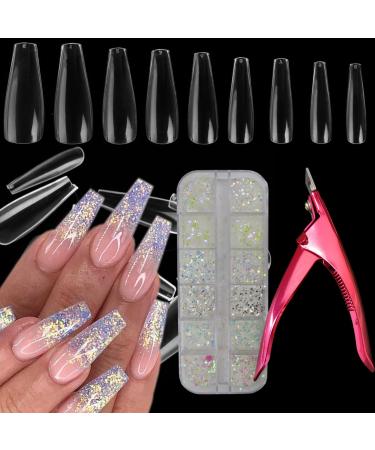 LoveOurHome 500pc Clear Coffin Fake False Nails Ballerina Acrylic Nail Tips Full Cover 10 Sizes with Clipper Scissors Iridescent Glitter Flakes Supplies Kit for Manicure Fingernail Designs Full Cover Coffin