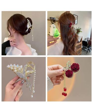 2Pcs Pearl Tassel Hair Clips for High Ponytail - Flower Rhinestone Gold Fashion Hair Accessories - Buy Online on GoSupps.com