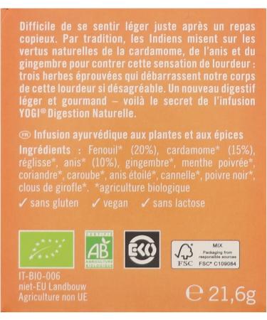 Yogi Organic Natural Digestion 100% Organic Fennel Cardamom and Anise Infusion 12 Heat-sealed and staple-free sachets 21 - Buy Online on GoSupps.com