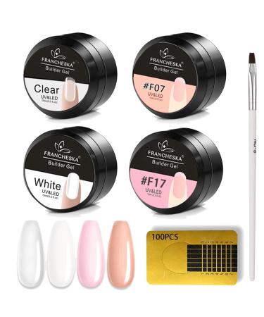 Builder Gels Nail Kit - 4 Colors Nail Extension Gel Kit Clear White Nude Pink Nail Strengthen Gel with Nail Brush 100Pcs Nail Forms for Nails Art Manicure for Beginner 4Pcs Set