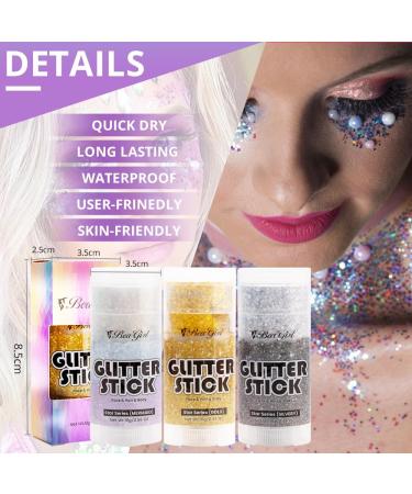 Body Glitter Stick Set - 3pc Festival Cosmetic Glitter for Face Lips Eyes & Hair | Holographic Gold & Silver Sequin Party Sparkle - Buy Online on GoSupps.com
