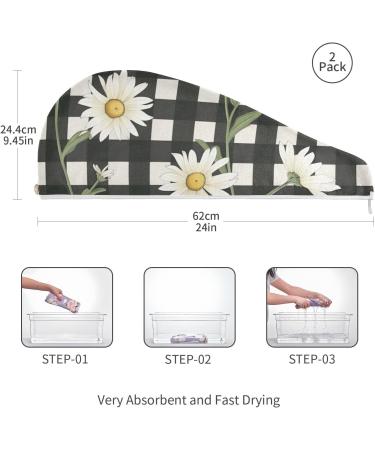 Daisy Flower Black White Plaid Hair Towel 2 Pack | Super Absorbent Quick Dry Hair Turbans for Women & Girls - Buy Online on GoSupps.com
