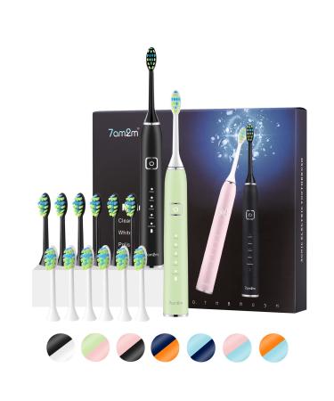 7AM2M Electric Toothbrush 2 Pack Set for Kids and Adults 12 Brush Heads 5 Adjustable Modes Built-in 2-Minute Smart Timer Wireless Fast Charge for 60 Days IPX7Waterproof SonicToothbrush(Green+Black) Black&green