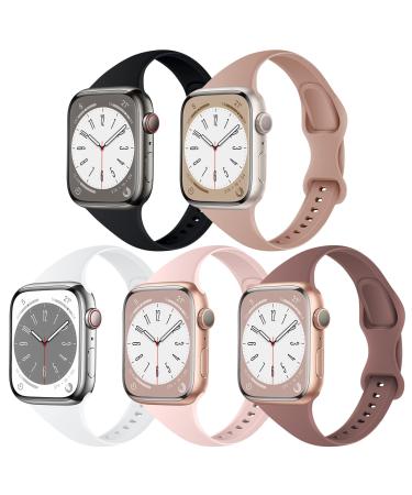 TSAAGAN 5 Pack Silicone Slim Bands Compatible with Apple Watch Band 38mm 42mm 40mm 44mm 41mm 45mm 49mm Soft Narrow Sport Strap Thin Wristband for iWatch Ultra Series 8/7/SE/6/5/4/3/2/1 Women Men Black/Milk Tea/White/Sand Pink/Smoke Violet 38/40/41mm