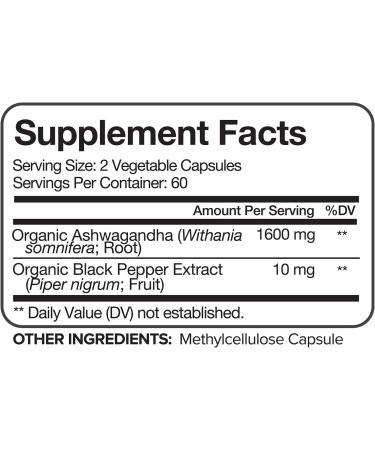 Nutrivein Organic Ashwagandha 1600mg with Black Pepper - 120 Vegan Pills for Stress Relief & Energy Boost - Buy Online on GoSupps.com