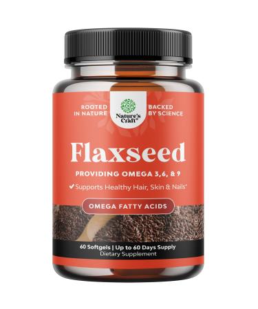 Flaxseed Oil 1000mg Softgels - High Potency Flax Seed Oil Softgels for Heart Health Digestion and Brain Support - Cold Pressed Flaxseed Providing Plant Based Omega 3 6 9-60 Count
