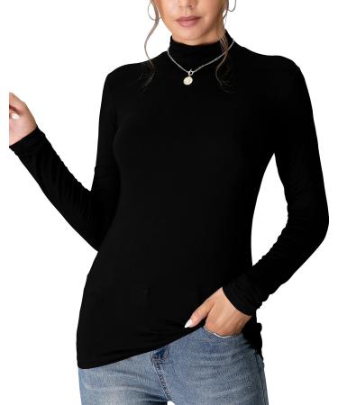 MANGDIUP Women's Mock Turtle Neck Long Sleeve Sleeveless Pullover Tops Slim Fit Basic Lightweight Soft T-Shirts Black X-Large